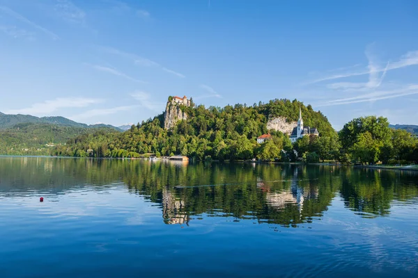 Pejzaż Jeziorem Bled Wczesnym Rankiem Północna Słowenia — Zdjęcie stockowe