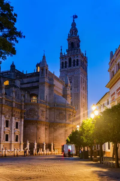 Kathedrale Von Sevilla Und Turm Der Giralda Bei Nacht Sevilla — Stockfoto