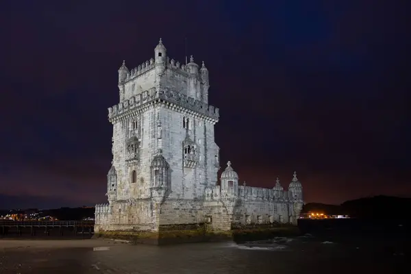 Belemtoren Aan Rivier Taag Nachts Lissabon Portugal Stockfoto