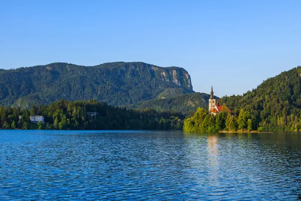 Lago Bled Com Igreja Peregrinação Ilha Bled Nascer Sol Nos Imagem De Stock