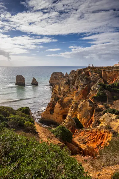 Ponta Piedade Den Kıyı Manzarası Algarve Lagos Faro Bölgesi Portekiz Stok Resim