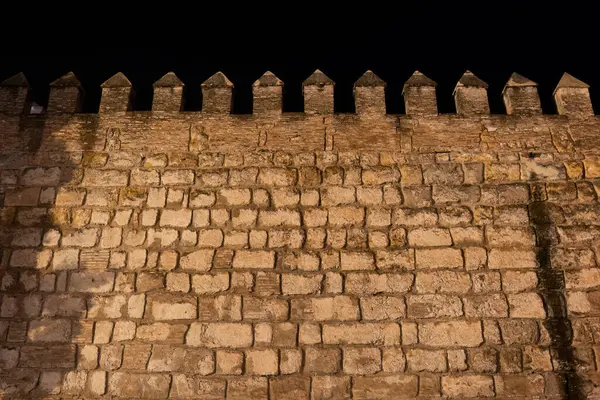Mauer Des Real Alcazar Bei Nacht Sevilla Spanien Steinerne Befestigung Stockbild