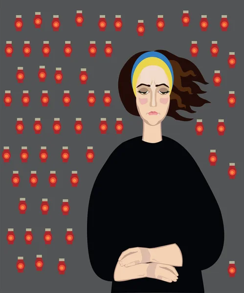 Jeune Femme Ukrainienne Pleure Sur Fond Nombreuses Lampes Deuil Des — Image vectorielle