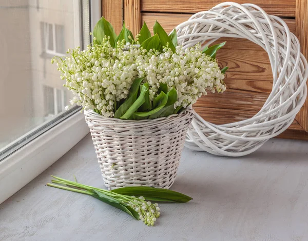 Blooming Lilies Valley Convallaria Majalis White Basket Window Symbol First — Stock Photo, Image