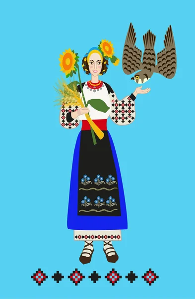 一个年轻的乌克兰女人 有向日葵 一堆小麦 蓝色背景的猎鹰 乌克兰南部被解放的象征 — 图库矢量图片