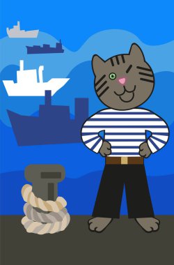 Denizciler Günü 'nde. 25 Haziran. Denizci kediyle tatil konsepti. Denizci kedi gemi siluetinin arka planına göz kırpıyor. Vektör illüstrasyonu.