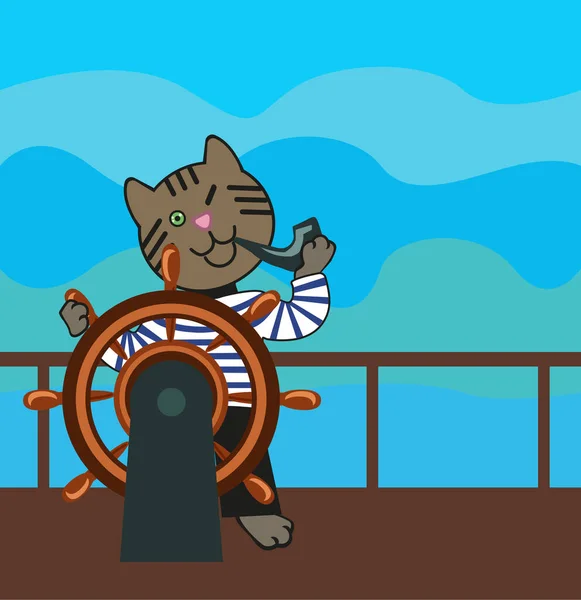 Day Seafarer June Holiday Concept Sailor Cat Navigator Cat Smokes — Stock Vector
