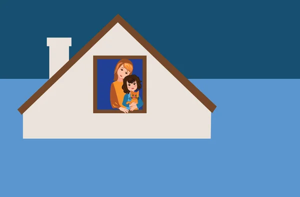 Eine Frau Mit Kind Und Katze Fenster Eines Überfluteten Hauses — Stockvektor