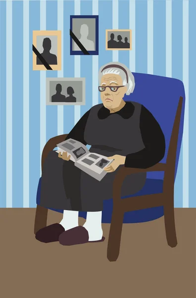 Yaşlı Bir Dul Koltukta Oturur Bir Fotoğraf Albümüne Bakar — Stok Vektör