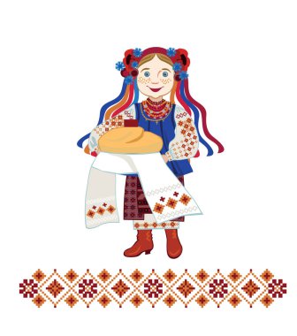 Ukrayna 'ya hoş geldiniz. Ukraynalı kız onur konuklarını ekmek ve tuzla karşılıyor. Ukrayna Giysileri Tutan Ekmek 'teki kız. Vektör çizimi. Beyaz arkaplanda izole