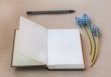 Boş sayfaları olan bir not defteri, üç muscari çiçeği ve masanın üzerinde bir kalem..