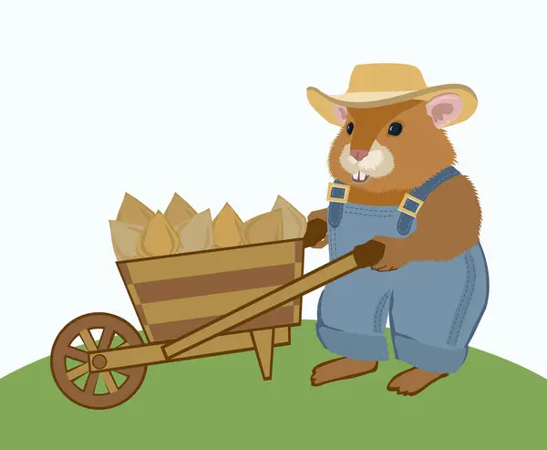 Hamster Gardener Denim Overalls Straw Hat Carrying Harvest Garden Wheelbarrow — Stock Vector
