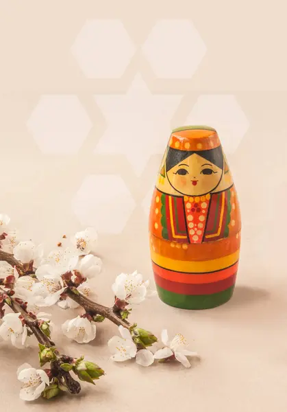 Wooden Toy Souvenir Stylized Tatar Girl Next Flowering Branches Forsythia — Stock Photo, Image
