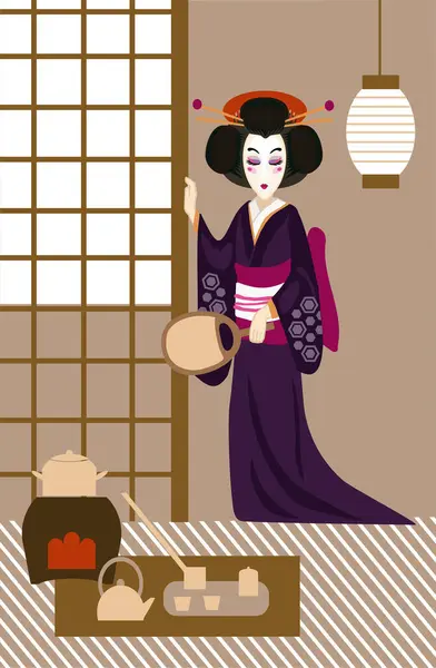 Τελετή Τσαγιού Εικονογράφηση Διάνυσμα Geisha Ένα Σπίτι Τσάι — Διανυσματικό Αρχείο