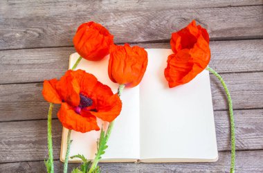 Boş sayfası olan açık bir kitabın üzerindeki haşhaş çiçekleri. Afiş, afiş, unutulmaz bir tarih için takvim, metin için yer