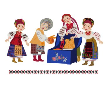 Genç kadınlar şenlikli kıyafetlerini sandıktan çıkarıyorlar. Vektör illüstrasyonu