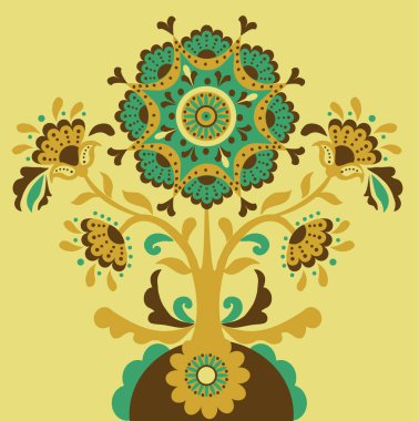 Halk düzeni, Yaşam Ağacı, Ukraynalı Kosiv seramik halk sanatı tasarımı, retro çiçekli arka plan. Ukraynalı Kosiv 'den esinlenerek yapılan geleneksel çiçek süsü seramikler.