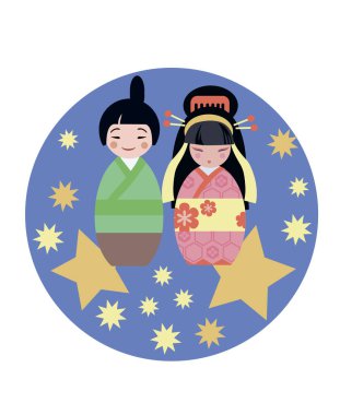 Qixi ya da Tanabata Festivali. Stylize edilmiş Kokeshi çoban köpeği ve dokumacı. Qixi ya da Tanabata Festivali. Düz vektör tarzında bir dairede yıldızların arka planına karşı çizgi film çobanı ve dokumacı.