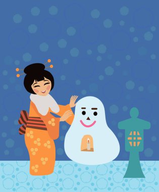 Illustration of Japanese girl stylized as kokeshi making snowman Yuki Daruma under snowfall. Japanese year, change of seasons. clipart