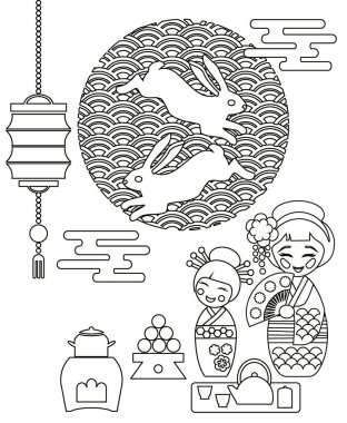 Sonbahar dolunay festivali boyama sayfasının temsilcisi. İki Kokeshi Ay 'ı tasarlıyor. Japonya 'da mevsimler ve tatiller