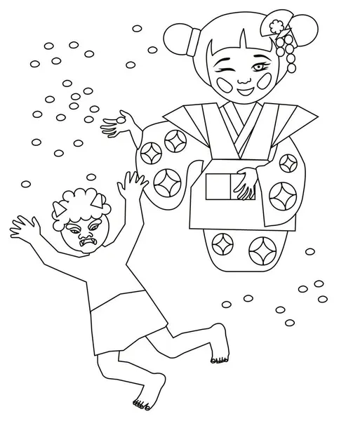 stock vector Kokeshi girl throwing beans at a demon on Setsubun. Vector coloring page 