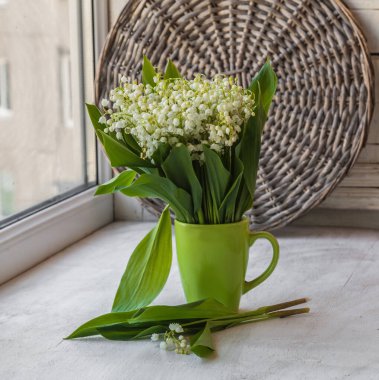 Penceredeki yeşil bardakta vadiden bir buket zambak. Fransa 'da 1 Mayıs' ın sembolü 