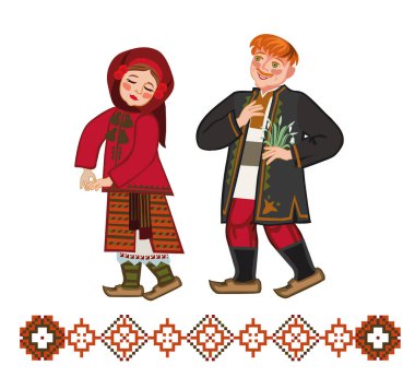 Ukraynalı (Karpatlar) aşık bir çiftin vektör çizimi. Adam kıza bir buket kardelen veriyor..
