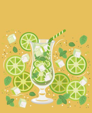 Turuncu arka planda, kireç, buz ve nane yapraklı bir mojito kasırgasının vektör çizimi. Menü arka gruplandırması