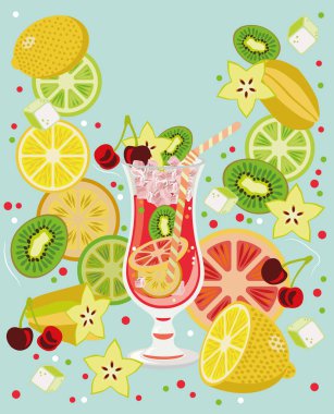 Pacha Monaco kokteylinin bir kasırga bardağında meyve arkaplanındaki pipetle gösterimi.