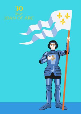 Fransız kadın kahraman ve aziz Jeanne d 'Arc' ın Fleur-de-lis 'li bir bayrak taşıyan görüntüsü. Tarihsel bir ortaçağ savaşçısı ve askeri lideri, cesaret ve vatanseverliğin sembolü.