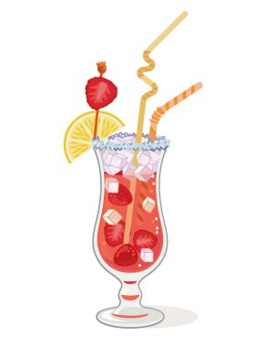 Kasırga bardağında çilek ve limonlu Royal Dream yaz kokteylinin düz vektör çizimi. Beyaz bir arka planda izole edilmiş. Parlak ve ferahlatıcı tasarım.