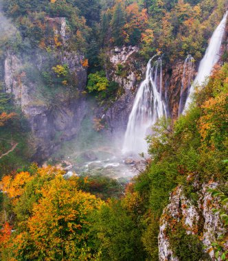 Plitvice göllerindeki yağmurlu, sisli sonbahar havasında sakin bir orman ortamında resim gibi sonbahar şelalesi.