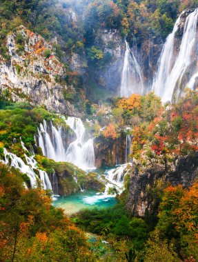 Plitvice Gölleri Ulusal Parkı Serene Ormanında Sonbahar Şelalesi