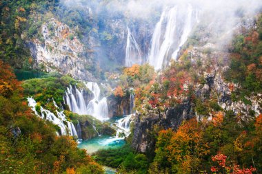 Plitvice göllerindeki yağmurlu, sisli sonbahar havasında sakin bir orman ortamında resim gibi sonbahar şelalesi.