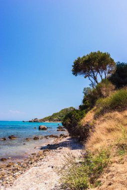 Zakynthos Porto Zorro plajlarından birinin güzel güneşli manzarası, Yunanistan