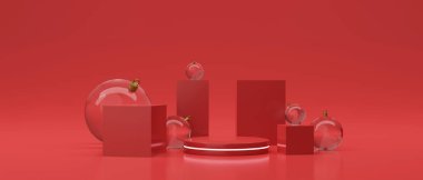 Etrafta yılbaşı topları olan bir dükkan. 3d illüstrasyon