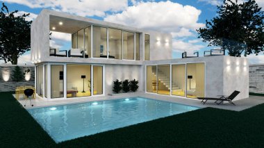 Modern bir ev. Dışarıdan. Ön cephenin akşam aydınlanması. Yüzme havuzlu ve teraslı bir ev. Modern mimari. 3d illüstrasyon