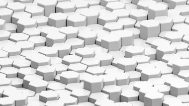 3D fütüristik bal peteği mozaik beyaz arka plan. Gerçekçi geometrik ağ hücre dokusu. Altıgen ızgaralı soyut beyaz vektör duvar kağıdı... 3D illüstrasyon