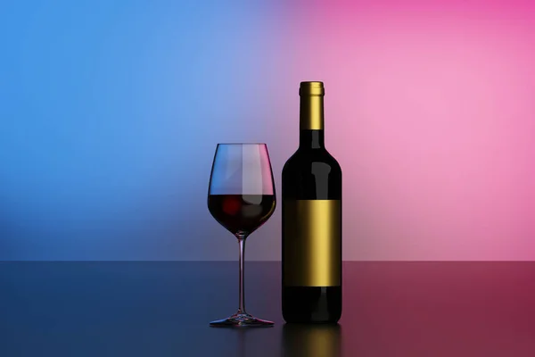 Fles Rode Wijn Met Etiket Een Glazen Beker Fotorealistische Stijl — Stockfoto