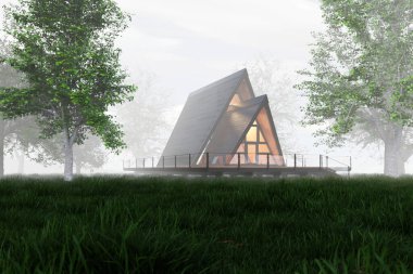 cabin, house in the fog woods 3d rendering