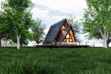 Kabin, ev 3d render ormanda