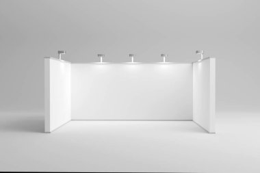 Empty exhibition stand hall with white walls. Trading room, presentation conference hall. 3d illustration