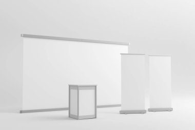 Advertising stands. Realistic blank modern simple rack or counters multiple camera angles, 3d promotional desk, clean empty promo tables with signboard white mockup. 3d illustration
