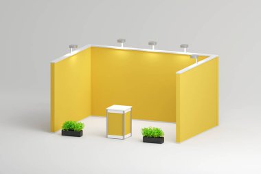 Standard exhibition stand with spotlights. Presentation event room display. yellow blank panels, advertising stand. Creative exhibition booth design on white background. 3d isometric illustration
