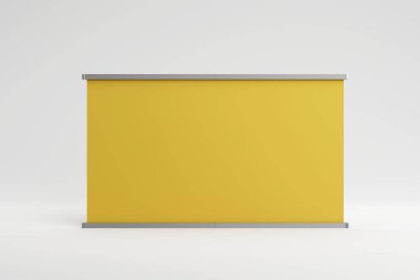 Roll up banner, horizontal stand, blank billboard for exhibition and business presentations, isolated on gray background. Mockup with yellow board, roll-up display for commercial ads. 3d illustration