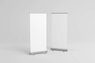 Clear rollup banner design mock up. Empty roller sign board template stand.3d illustration