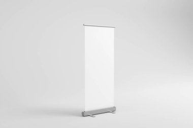 Blank white roll-up banner display mockup, isolated, 3d rendering.