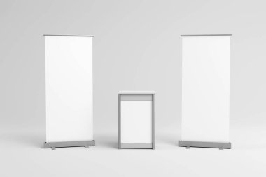 Pullup banners with a kidney shaped exhibition point of sale table isolated on a white background, 3d render for mockup and illustrations.