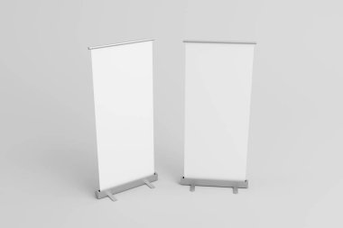 Clear rollup banner design mock up. Empty roller sign board template stand.3d illustration