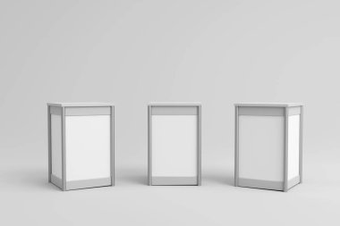 Advertising stands. Realistic blank modern simple rack or counters multiple camera angles, 3d promotional desk, clean empty promo tables with signboard white mockup. 3d illustration
